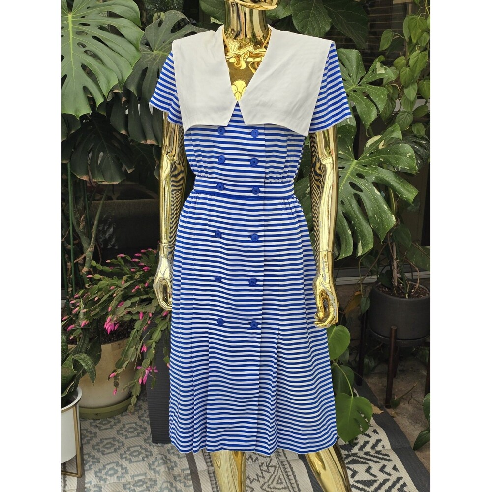 Albert Nipon Vintage Blue White Stripe Sailor Nautical Collar Dress Size 6